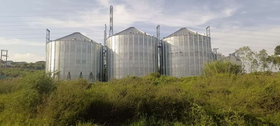 Three industrial silos installed at a processing site